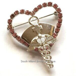 Crystal Caduceus Nursing Pin Brooch RN LPN CNA Nurse Gift Pink Heart Silver Tone